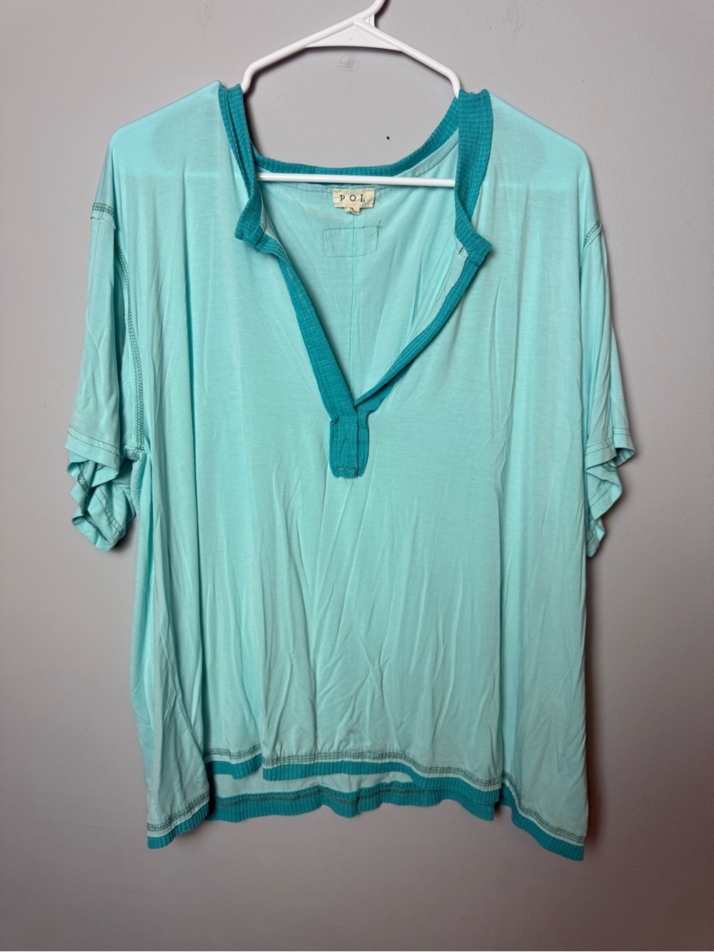 POL Teal-Trim Mint Short Sleeve Henley Top